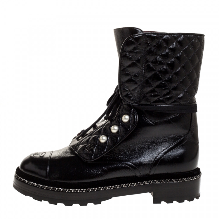 Chanel Black Quilted Patent Leather CC Pearl Combat Boots 39 Chanel | TLC