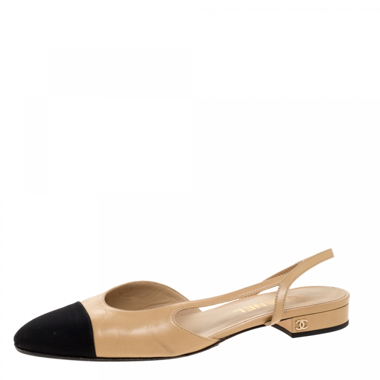 Chanel Beige/Black Leather and Fabric Cap Toe Slingback Flats Sandals Size   Chanel | TLC