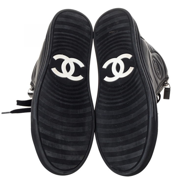Pre Owned Chanel Black Leather CC High Top Sneakers Size 40