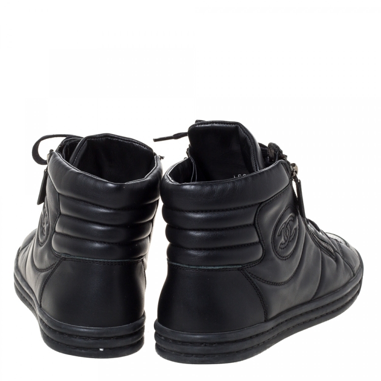 Pre Owned Chanel Black Leather CC High Top Sneakers Size 40