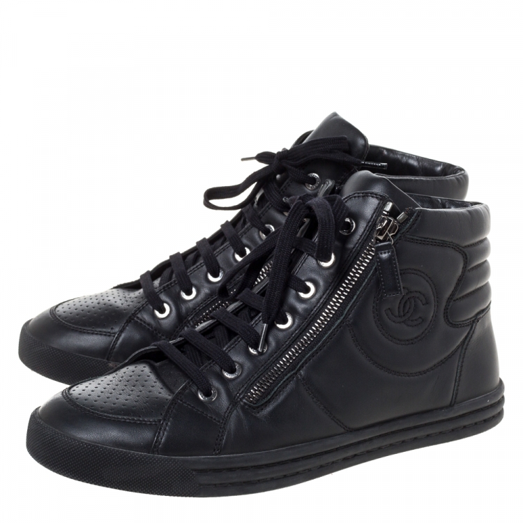 Pre Owned Chanel Black Leather CC High Top Sneakers Size 40