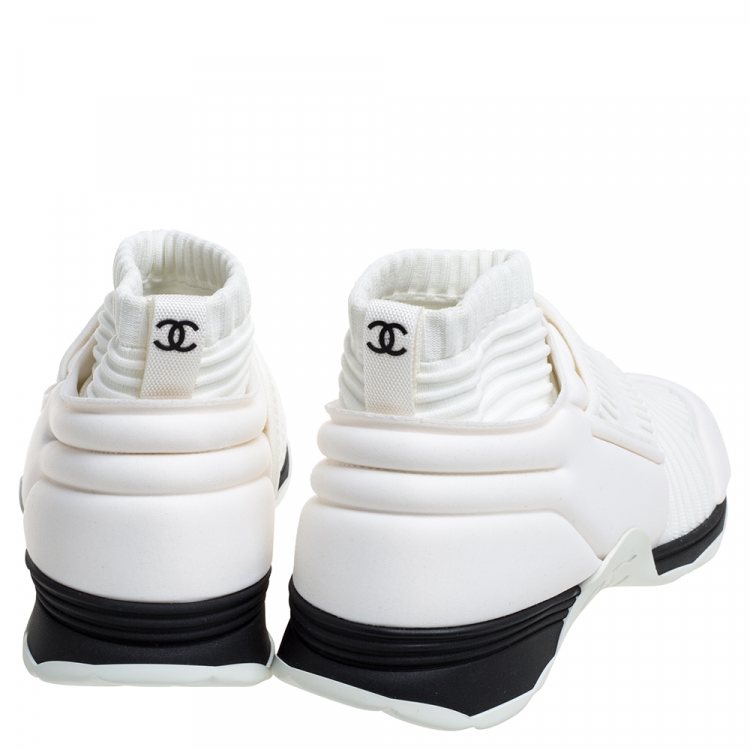 Pre Owned Chanel White Stretch Fabric Knit Sock CC Logo Flat Sock Sneakers Size 37