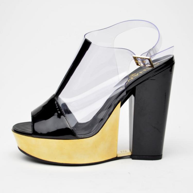 Chanel Transparent Gold and Black Patent Platform Sandals Size 38