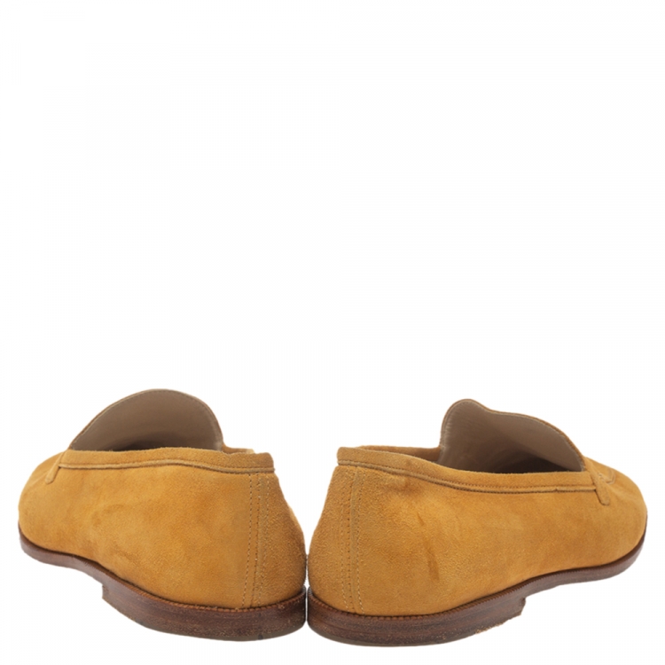 Pre Owned Chanel Yellow Suede CC Slip On Loafers Size 37.5