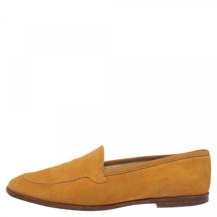 Pre Owned Chanel Yellow Suede CC Slip On Loafers Size 37.5