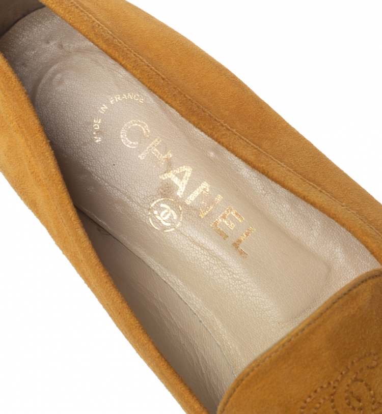 Pre Owned Chanel Yellow Suede CC Slip On Loafers Size 37.5