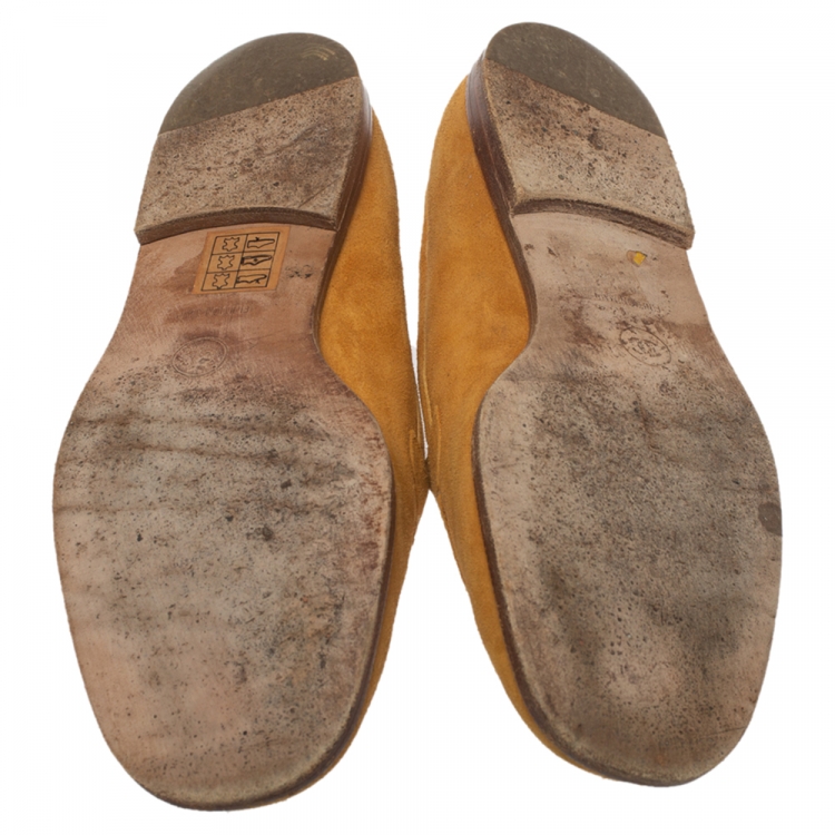 Pre Owned Chanel Yellow Suede CC Slip On Loafers Size 37.5