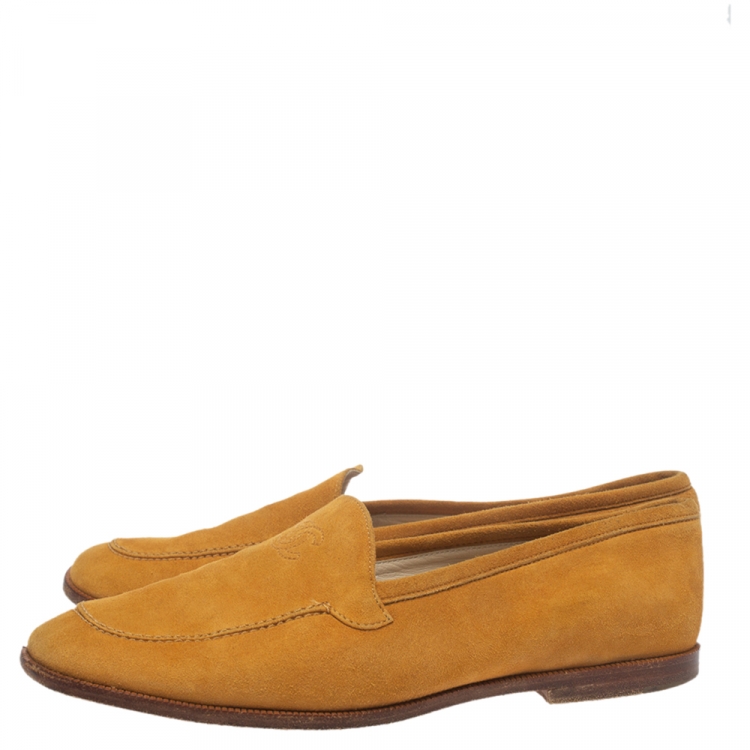 Pre Owned Chanel Yellow Suede CC Slip On Loafers Size 37.5