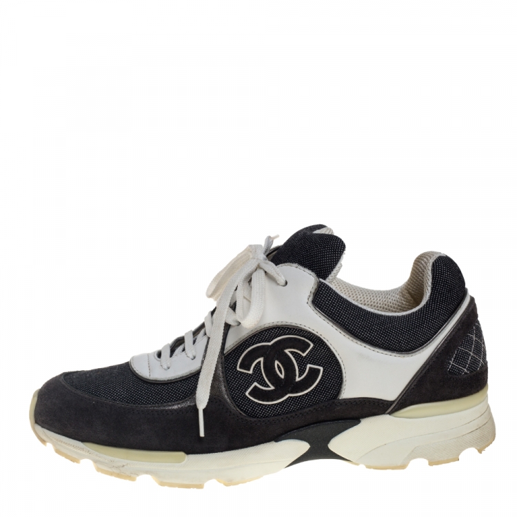 Chanel White Nylon, Suede and Leather CC Low Top Sneakers Size 39.5 Chanel