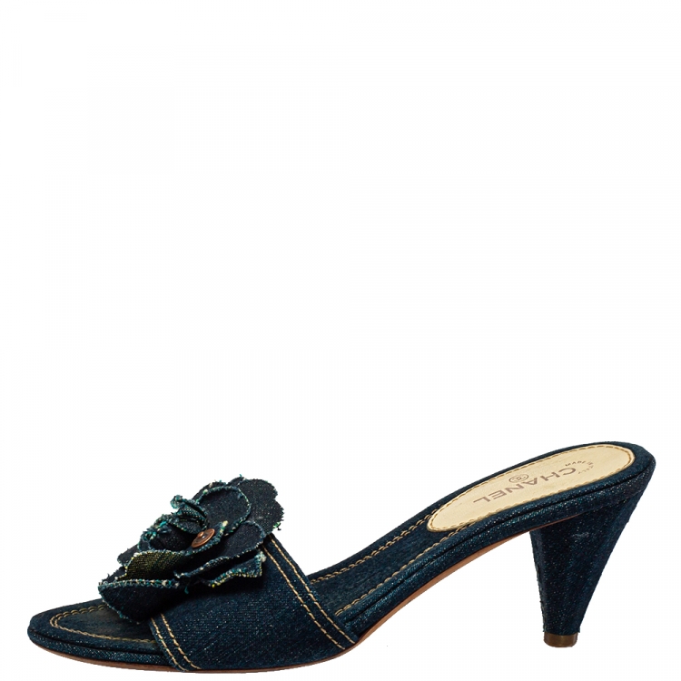 Chanel Blue Denim Camellia Mules Sandals Size 37 Chanel