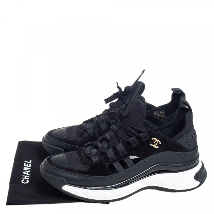 Pre Owned Chanel Black Leather, Fabric and Suede CC Lace Up Sneakers Size 39