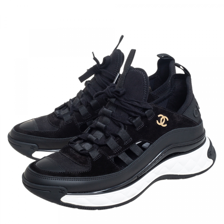 Pre Owned Chanel Black Leather, Fabric and Suede CC Lace Up Sneakers Size 39