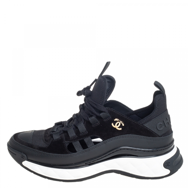 Chanel Black Leather, Fabric and Suede CC Lace Up Sneakers Size 39