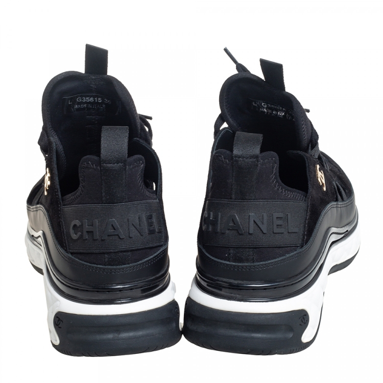 Pre Owned Chanel Black Leather, Fabric and Suede CC Lace Up Sneakers Size 39