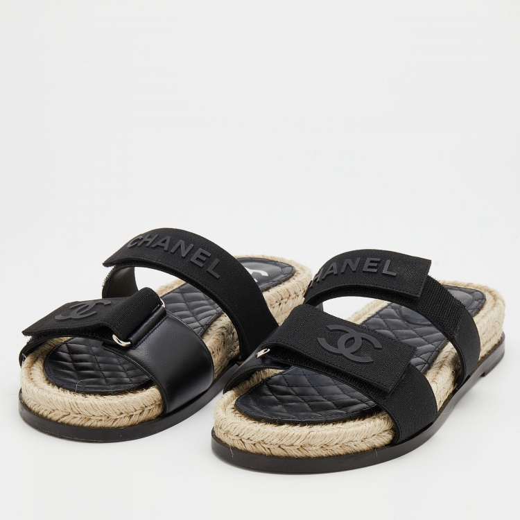 Chanel Black Leather And CC Velcro Espadrille Flat Sandals Size 39 Chanel