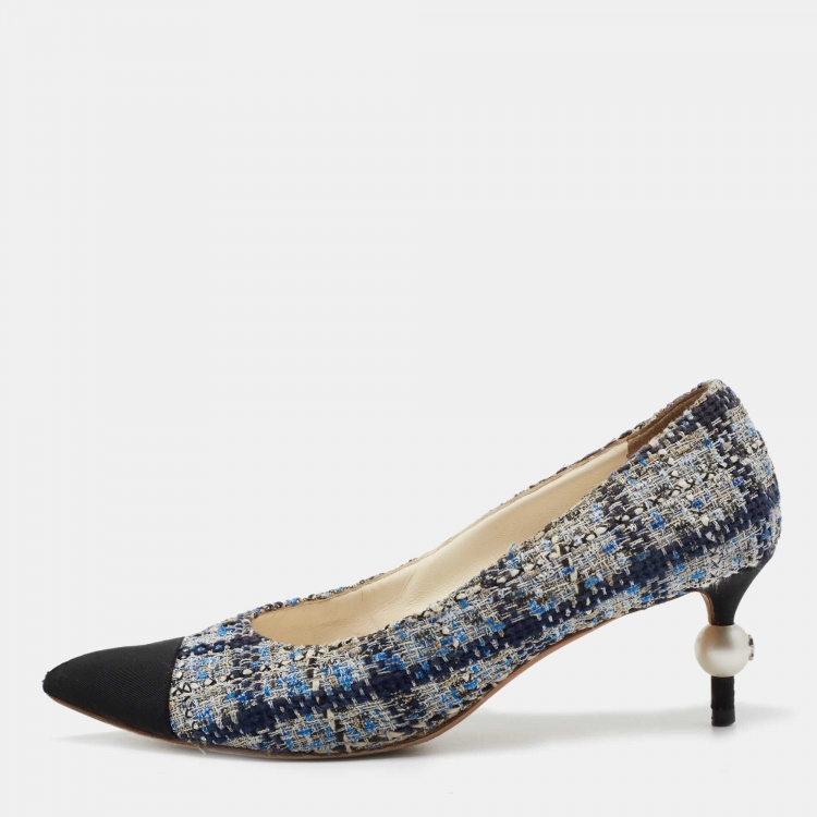Chanel Multicolor Tweed And Canvas Cap Toe CC Pearl Heel Pointed Toe Pumps  Size 38 Chanel | The Luxury Closet