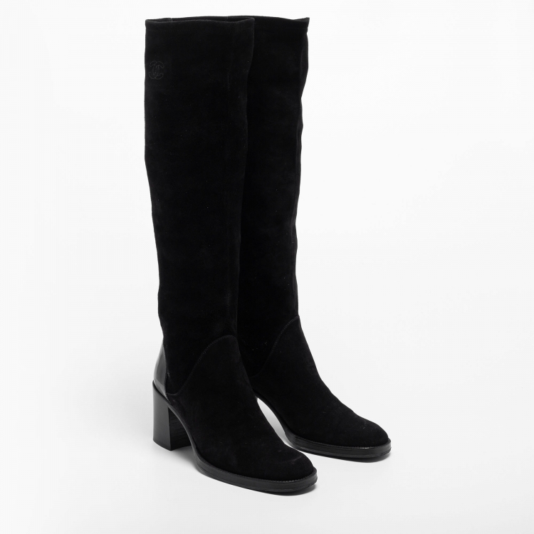 Pre Owned Chanel Black Suede Knee Length Boots Size 37