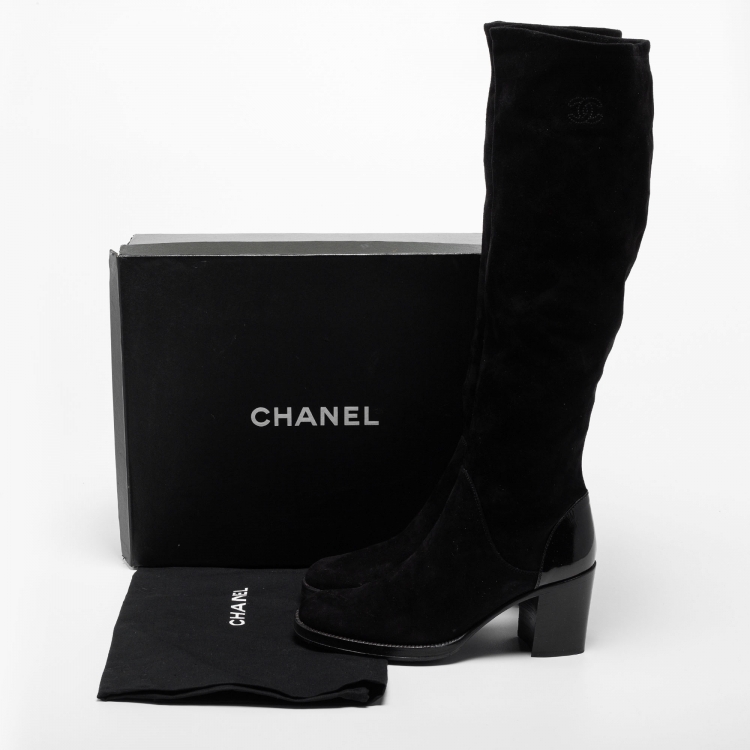 Pre Owned Chanel Black Suede Knee Length Boots Size 37