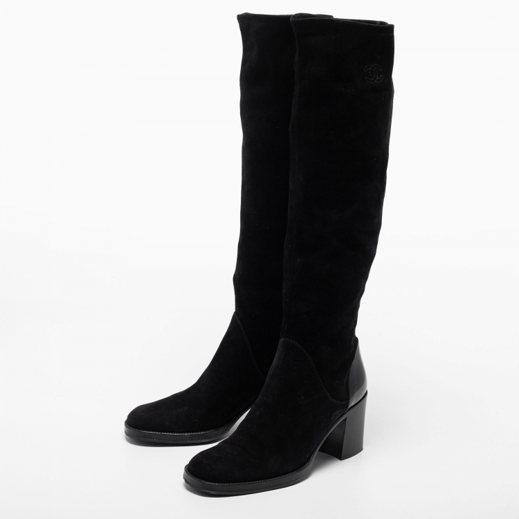 Pre Owned Chanel Black Suede Knee Length Boots Size 37