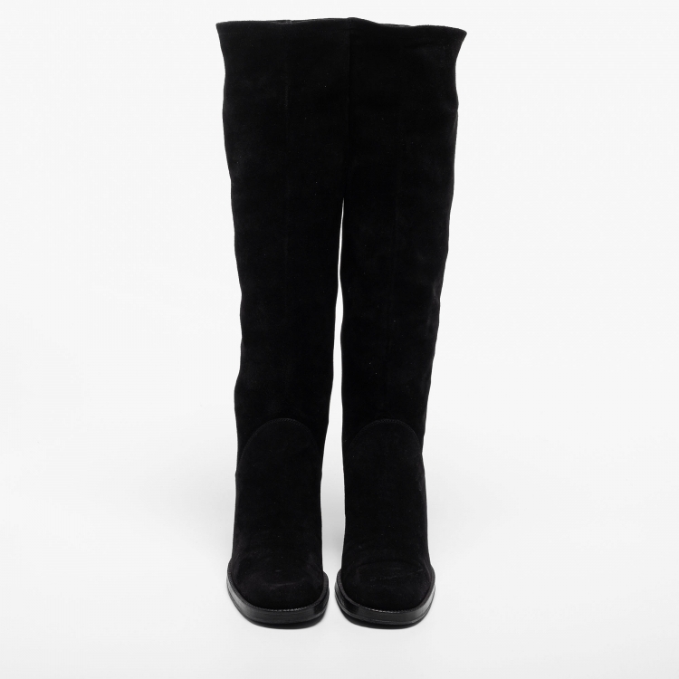 Pre Owned Chanel Black Suede Knee Length Boots Size 37