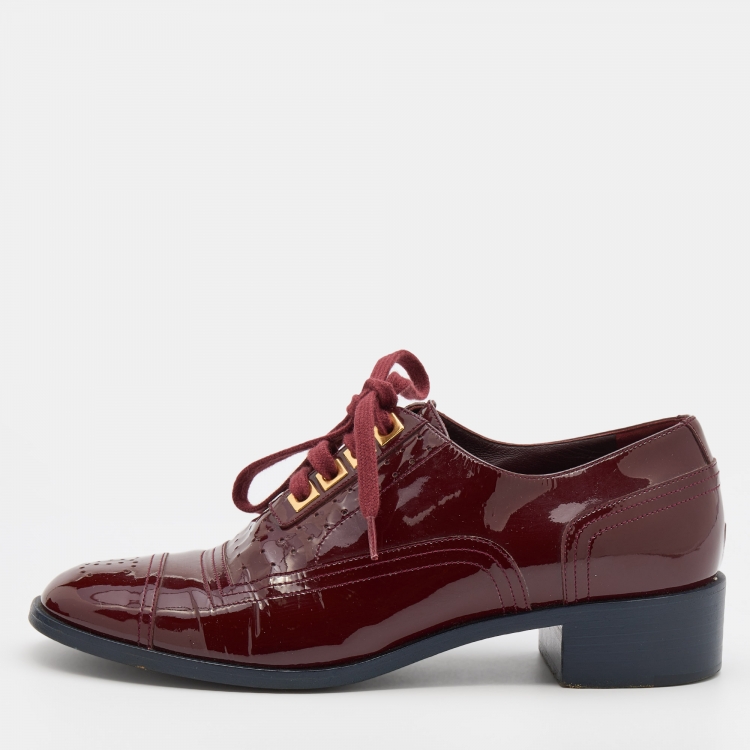 Pre Owned Chanel Red Brogue Patent Leather Lace Up Oxfords Size 38.5