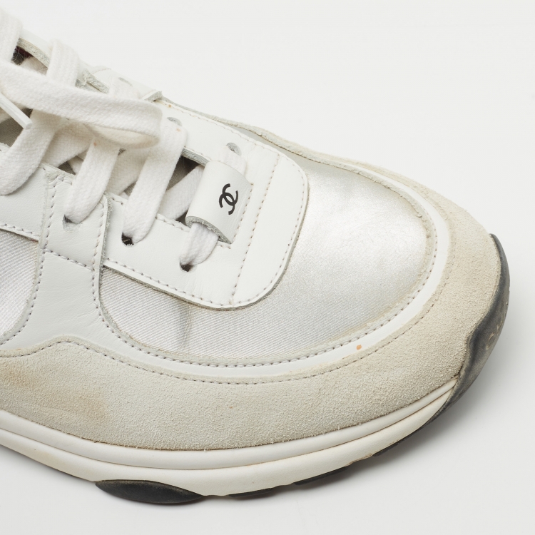 Pre Owned Chanel Grey/White Suede and Leather CC Sneakers Size 38