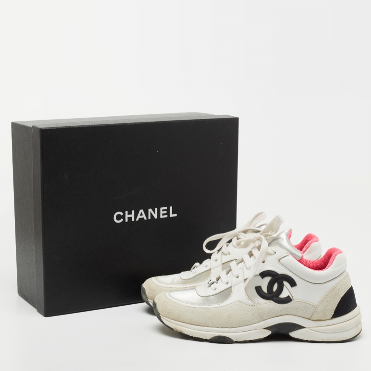Pre Owned Chanel Grey/White Suede and Leather CC Sneakers Size 38