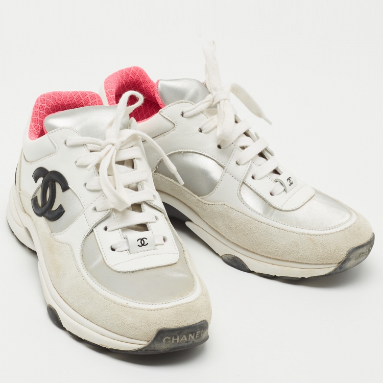 Pre Owned Chanel Grey/White Suede and Leather CC Sneakers Size 38