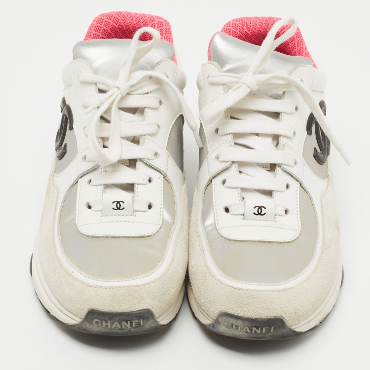 Pre Owned Chanel Grey/White Suede and Leather CC Sneakers Size 38