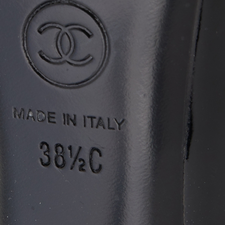 Pre Owned Chanel Black Patent Leather CC Pearl Embellished Heel Peep Toe Pumps Size 38.5