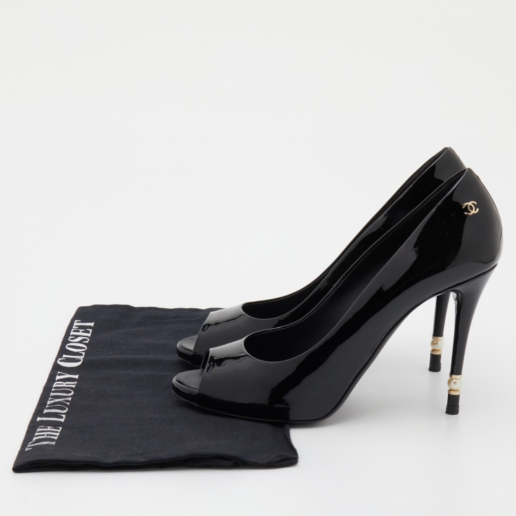Pre Owned Chanel Black Patent Leather CC Pearl Embellished Heel Peep Toe Pumps Size 38.5