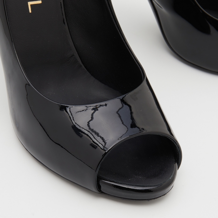 Pre Owned Chanel Black Patent Leather CC Pearl Embellished Heel Peep Toe Pumps Size 38.5