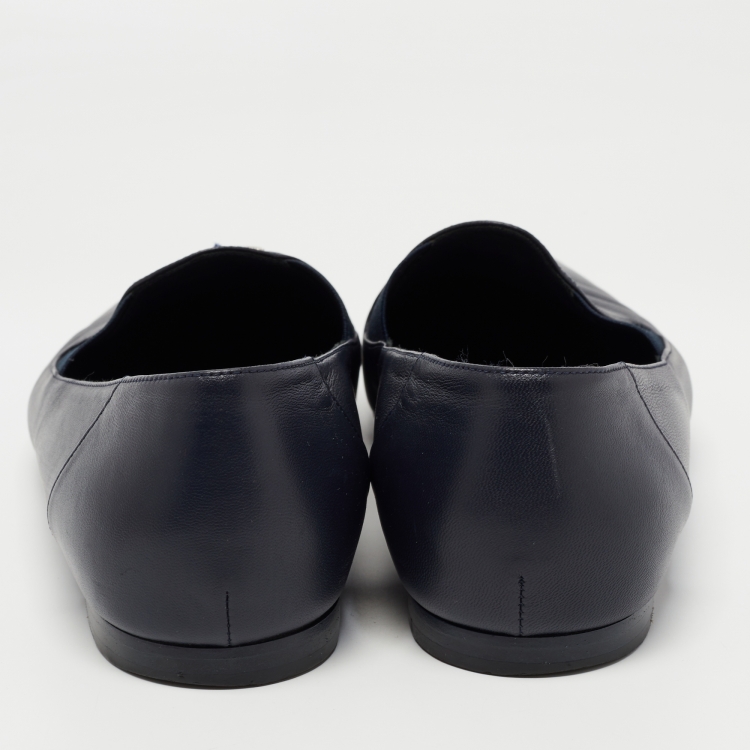 Pre Owned Chanel Navy Blue Leather CC Slip On Loafers Size 41