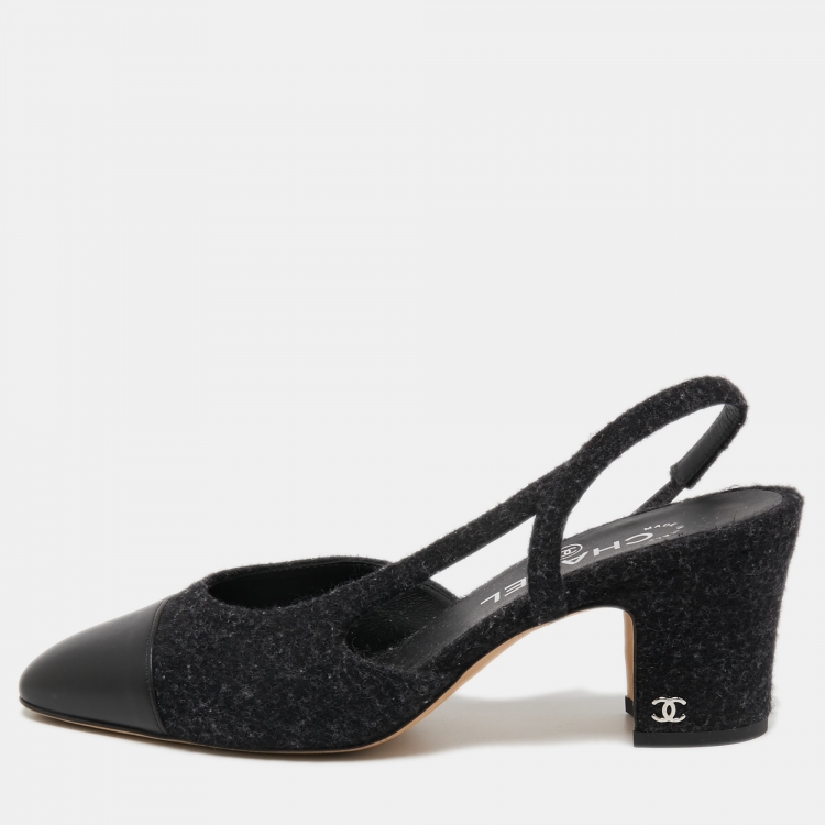 正規品 CHANEL Chanel Black Fabric and Leather Cap Toe CC Slingback Pumps