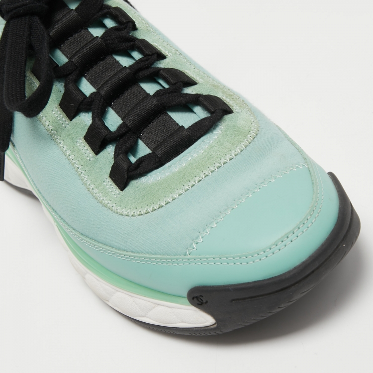 Pre Owned Chanel Light Green/Black Fabric, Leather and Suede CC Low Top Sneakers Size 38.5