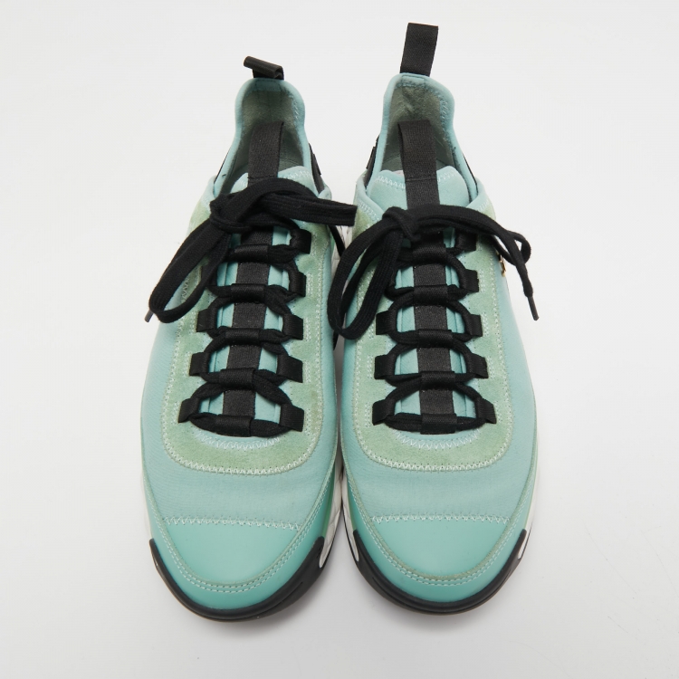 Pre Owned Chanel Light Green/Black Fabric, Leather and Suede CC Low Top Sneakers Size 38.5
