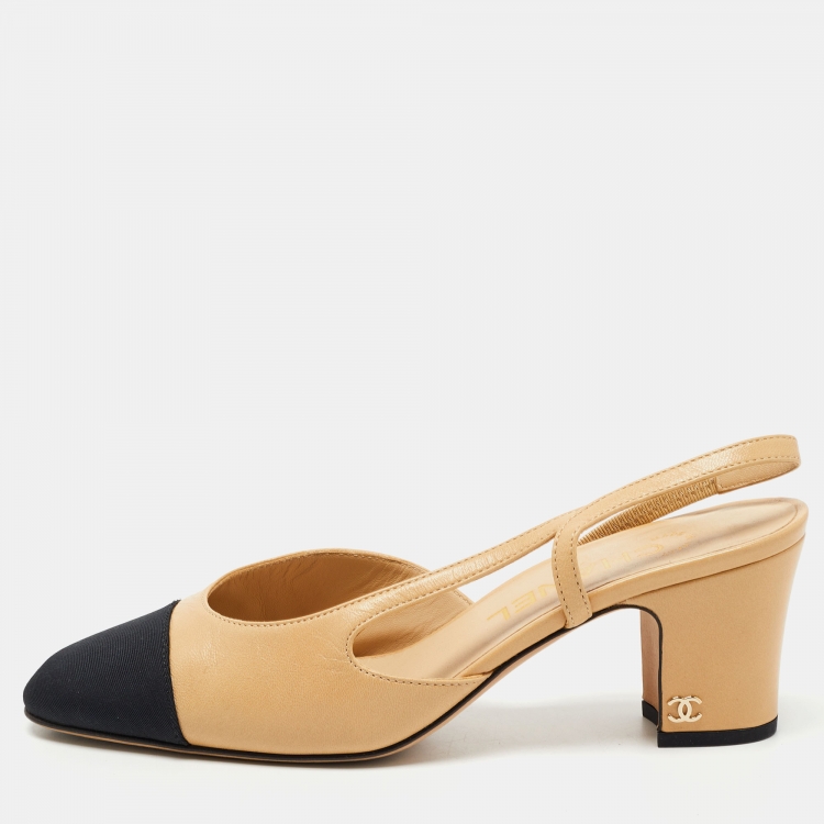 Chanel Beige/Black Canvas and Leather CC Slingback Pumps Size 36.5 Chanel |  The Luxury Closet