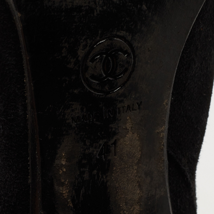 Pre Owned Chanel Black/Gold Suede and Leather Knee Length Boots Size 41