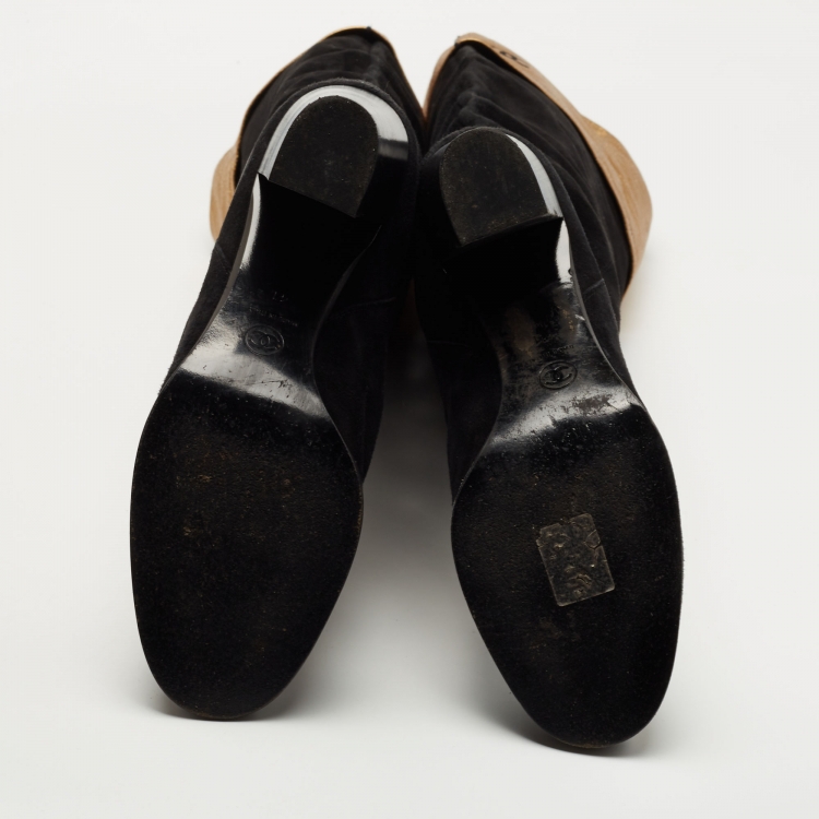 Pre Owned Chanel Black/Gold Suede and Leather Knee Length Boots Size 41