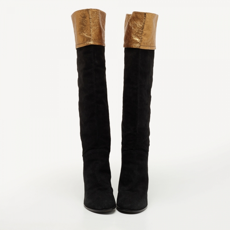 Pre Owned Chanel Black/Gold Suede and Leather Knee Length Boots Size 41