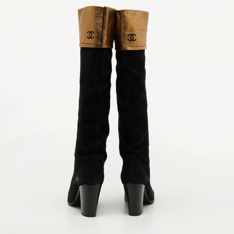 Pre Owned Chanel Black/Gold Suede and Leather Knee Length Boots Size 41