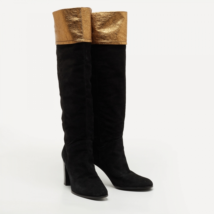 Pre Owned Chanel Black/Gold Suede and Leather Knee Length Boots Size 41