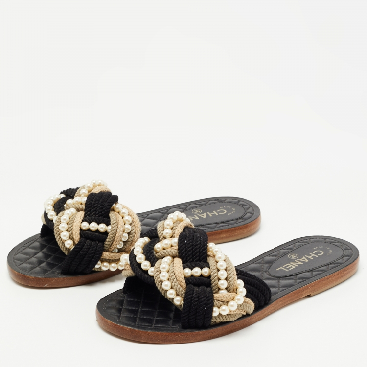 Chanel Black Woven Fabric Cuba Braid Pearl Flat Slides Size 39 Chanel | TLC