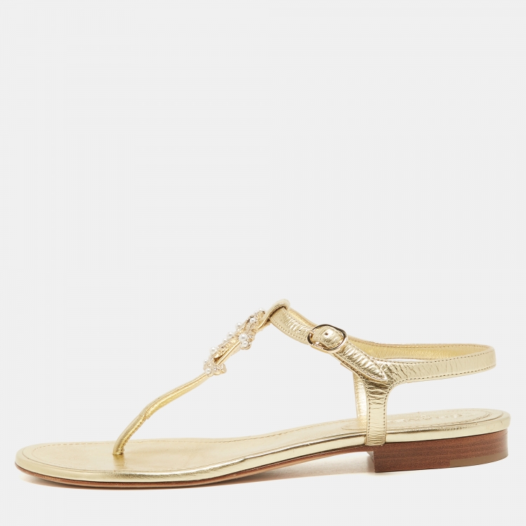 Chanel Gold Leather Embellished CC T-Strap Flat Sandals Size