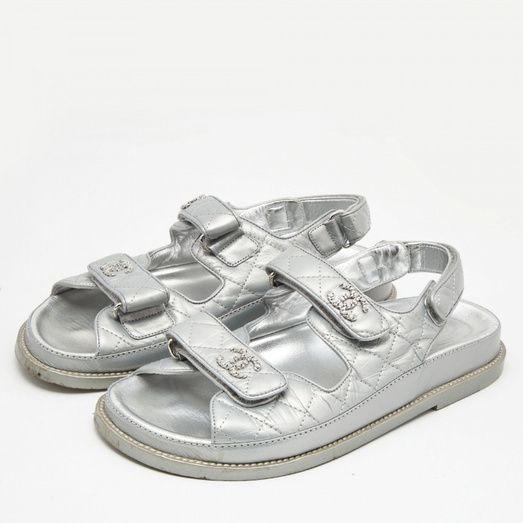 CHANEL Metallic Silver Calfskin CC 'Dad' Velcro Sandals Sz36.5