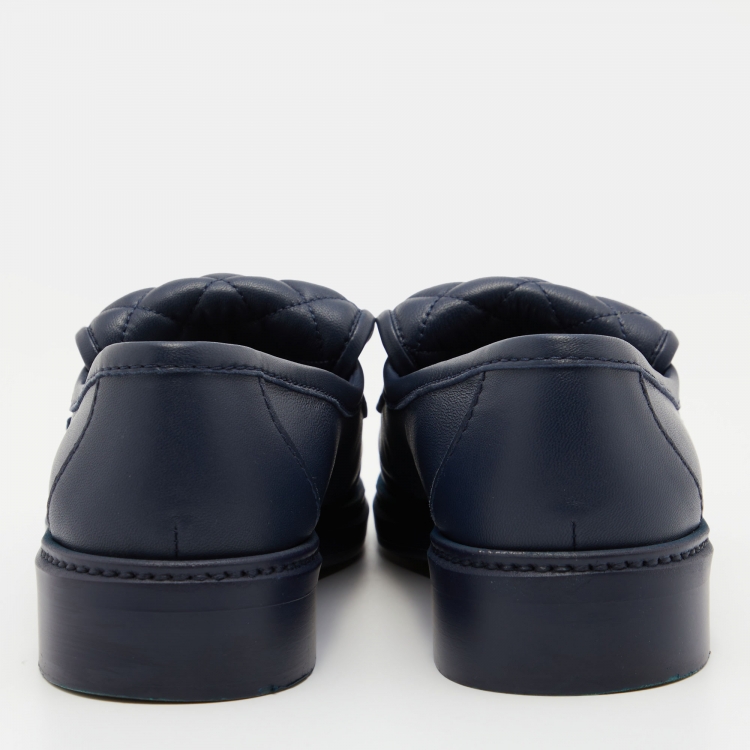 Pre Owned Chanel Blue Quilted Leather CC Turnlock Loafers Size 38
