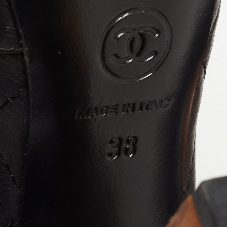 Pre Owned Chanel Black Quilted Leather CC Block Heel Lace Up Platform Booties Size 38