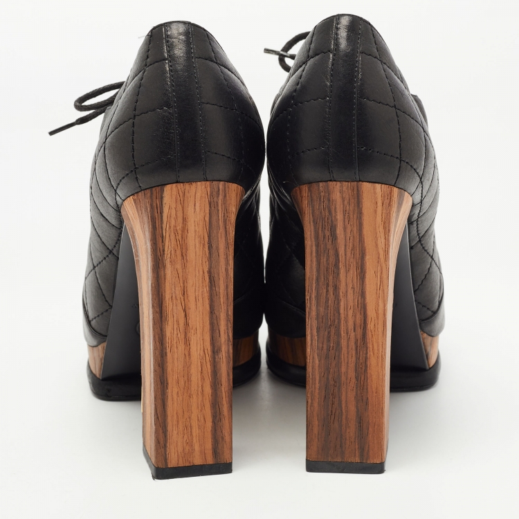 Pre Owned Chanel Black Quilted Leather CC Block Heel Lace Up Platform Booties Size 38