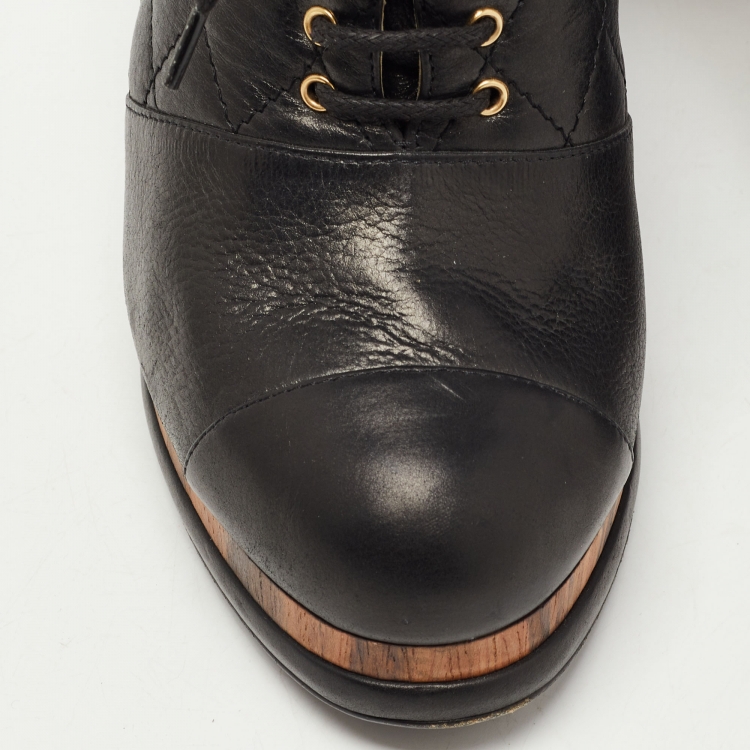 Pre Owned Chanel Black Quilted Leather CC Block Heel Lace Up Platform Booties Size 38