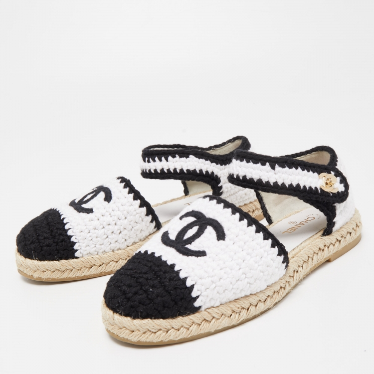 Chanel White/Black Embroidery Ankle Strap Espadrilles Size 37 Chanel